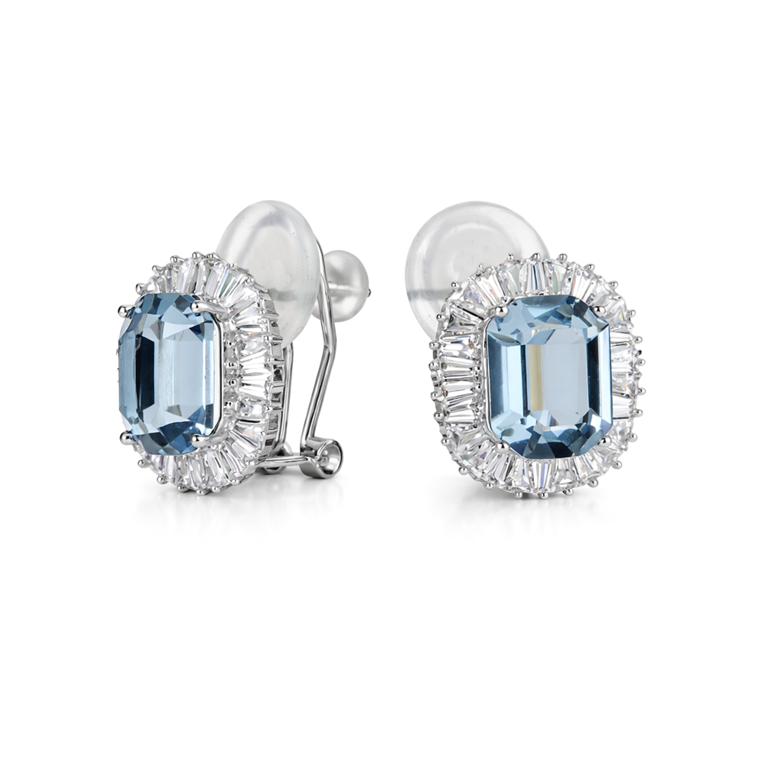Aqua Blue Emerald-Cut Halo Stud Earrings