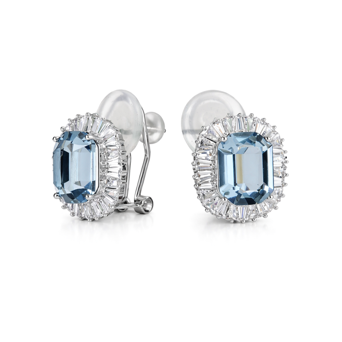 Aqua Blue Emerald-Cut Halo Stud Earrings