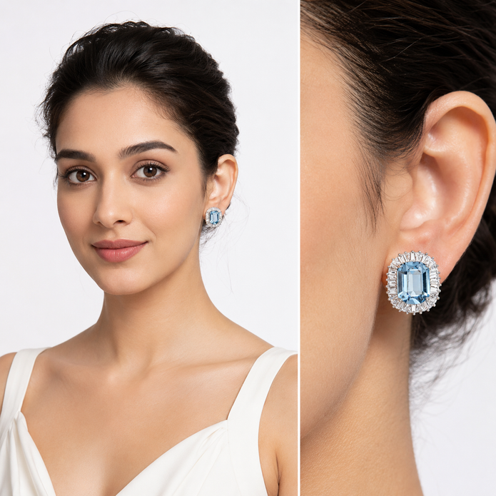 Aqua Blue Emerald-Cut Halo Stud Earrings