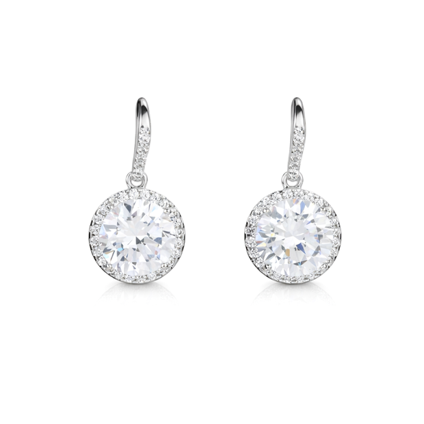 Clear Round Halo Solitaire Drop Earrings