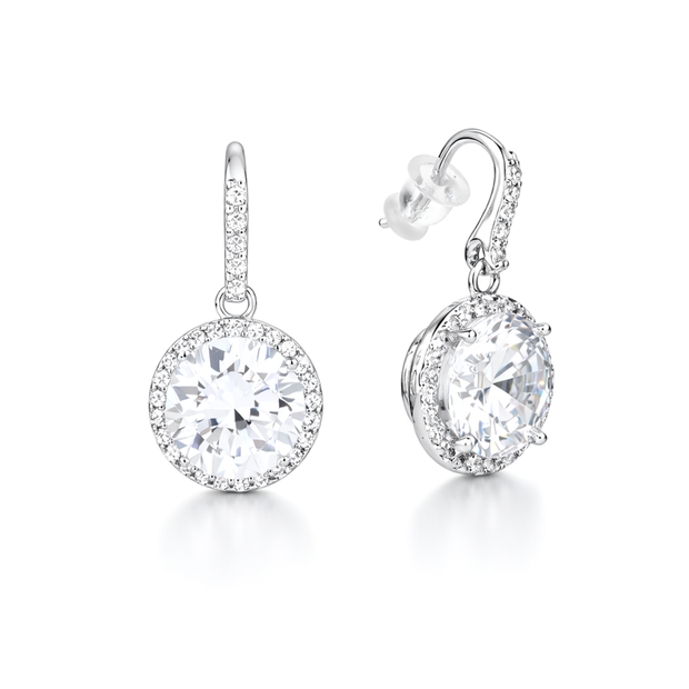 Clear Round Halo Solitaire Drop Earrings
