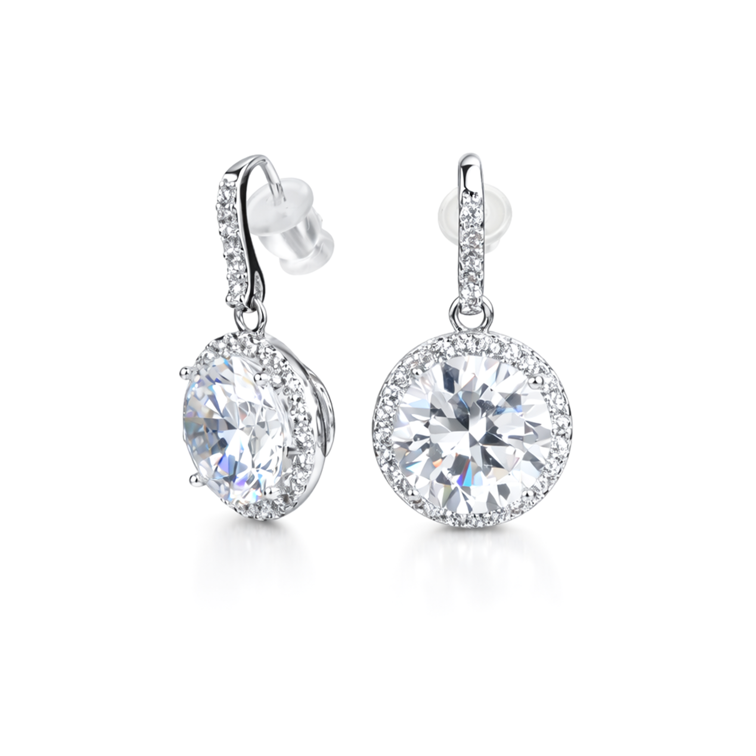 Clear Round Halo Solitaire Drop Earrings