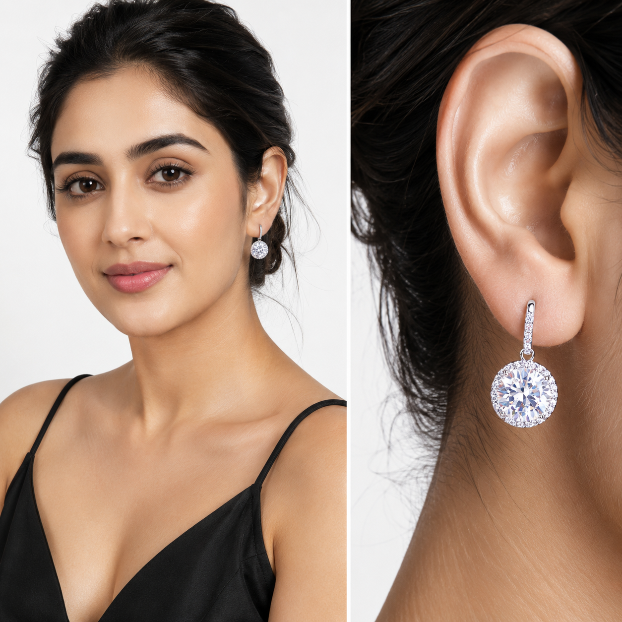 Clear Round Halo Solitaire Drop Earrings