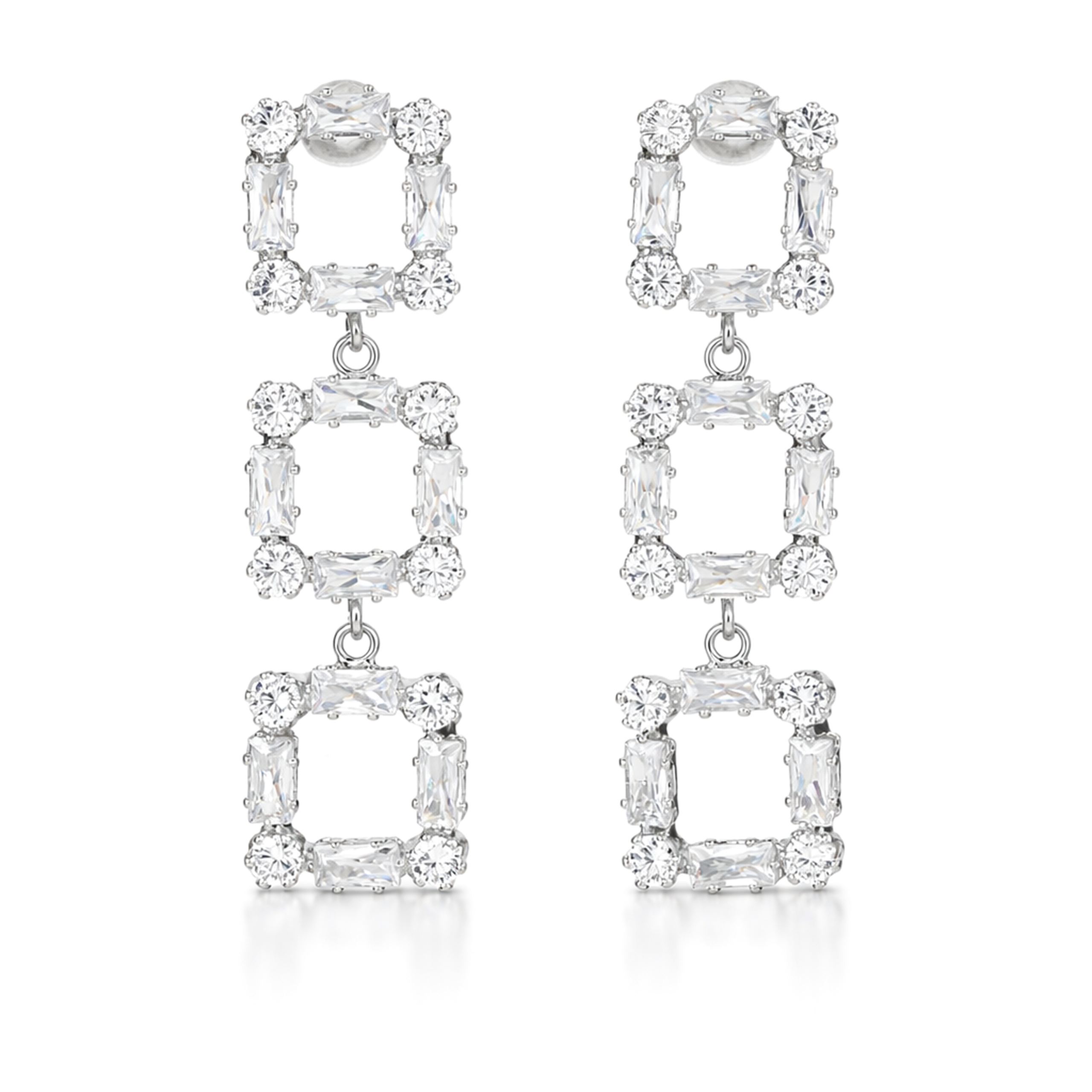 Clear Triple-Tier Square Frame Drop Earrings