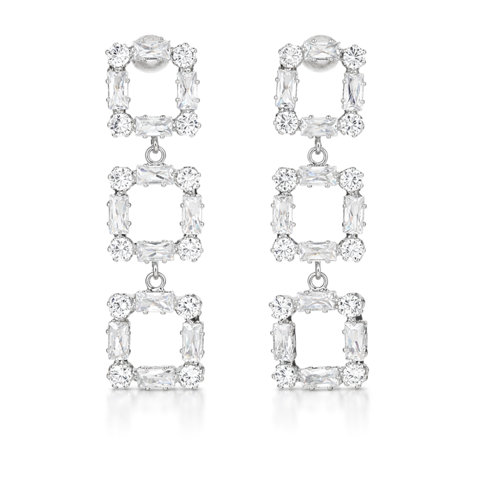 Clear Triple-Tier Square Frame Drop Earrings