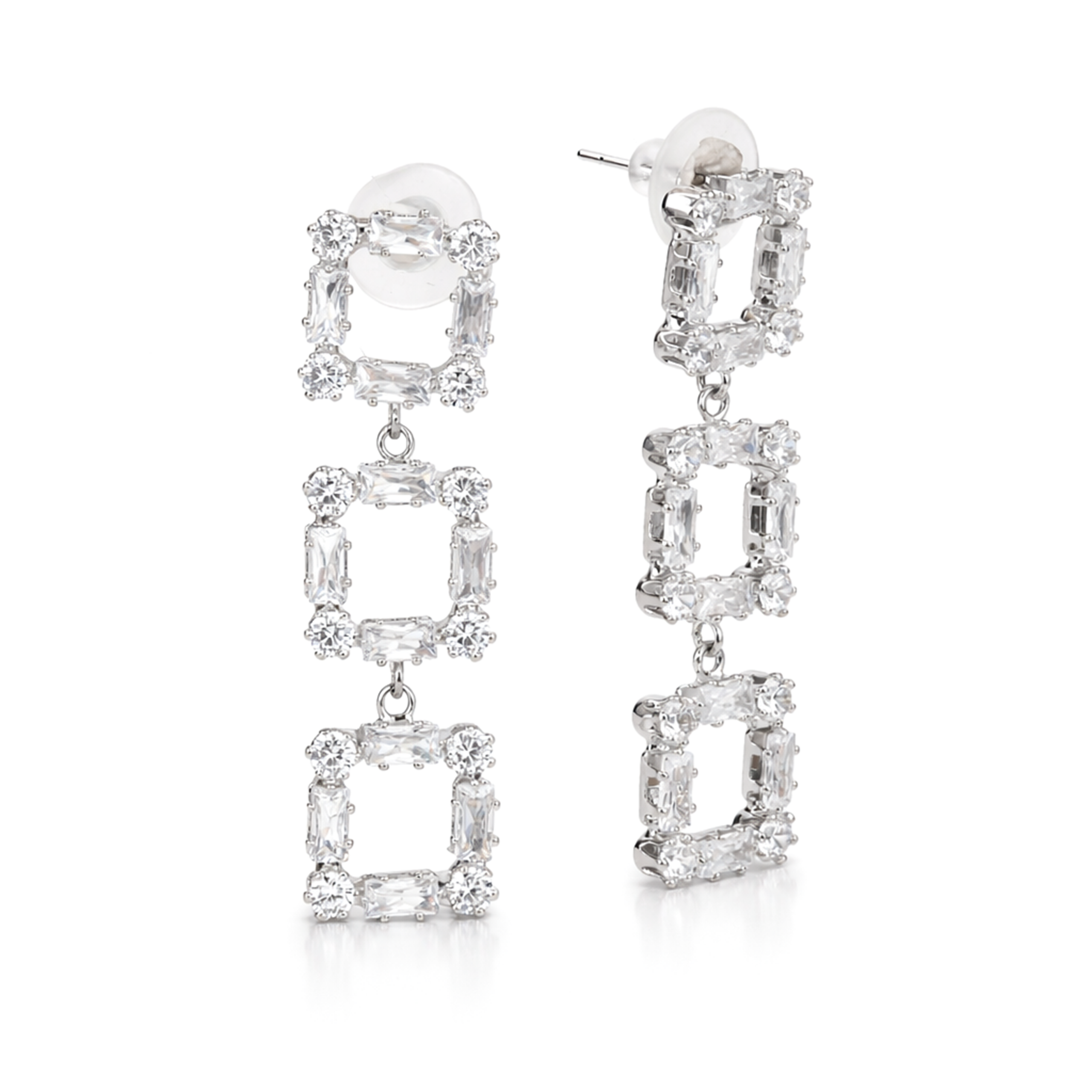 Clear Triple-Tier Square Frame Drop Earrings