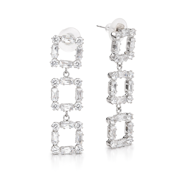 Clear Triple-Tier Square Frame Drop Earrings