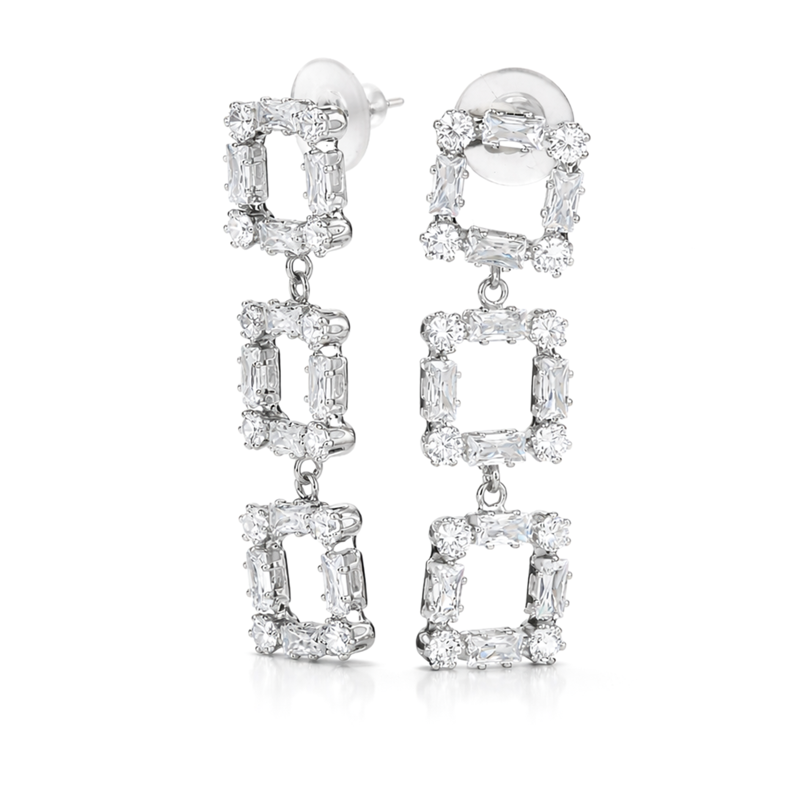 Clear Triple-Tier Square Frame Drop Earrings