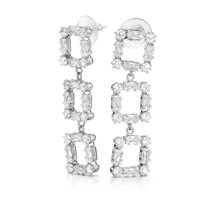 Clear Triple-Tier Square Frame Drop Earrings