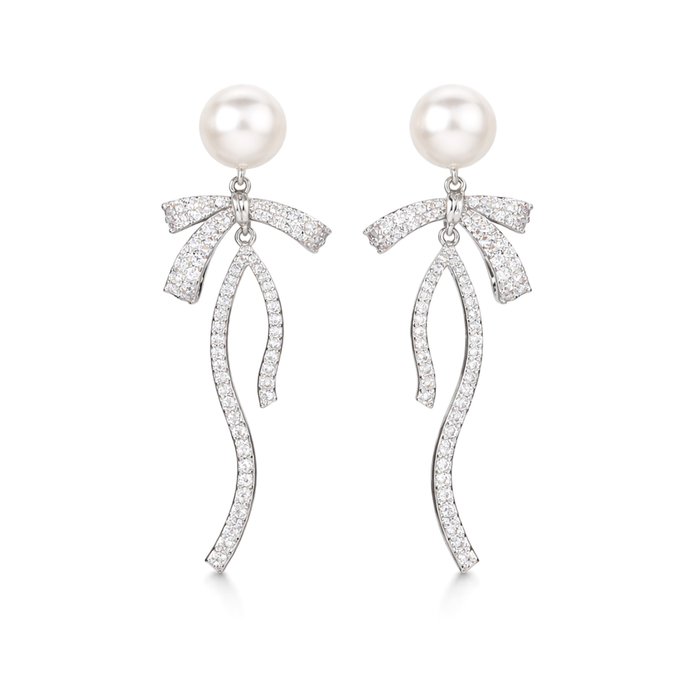 Ivory Pearl & Crystal Bow Cascade Drop Earrings