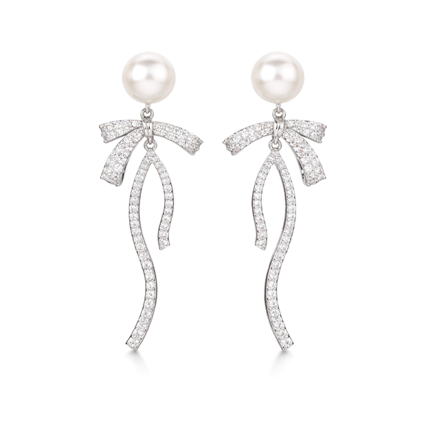 Ivory Pearl & Crystal Bow Cascade Drop Earrings