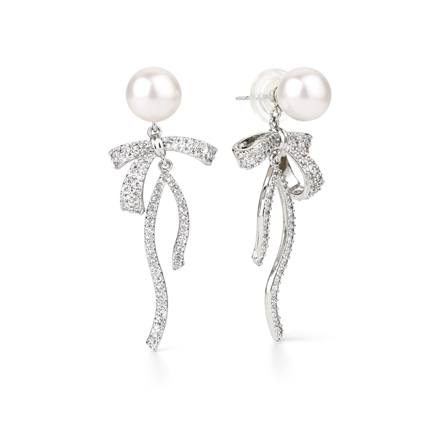 Ivory Pearl & Crystal Bow Cascade Drop Earrings