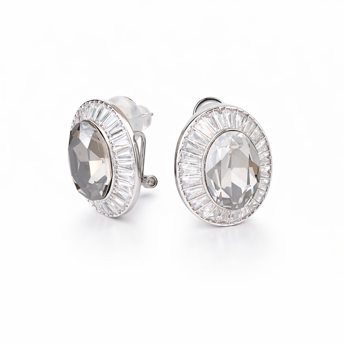 Smoky & Champagne Oval Halo Statement Stud Earrings - Gunmetal
