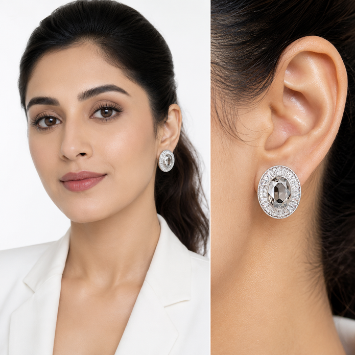 Smoky & Champagne Oval Halo Statement Stud Earrings - Gunmetal