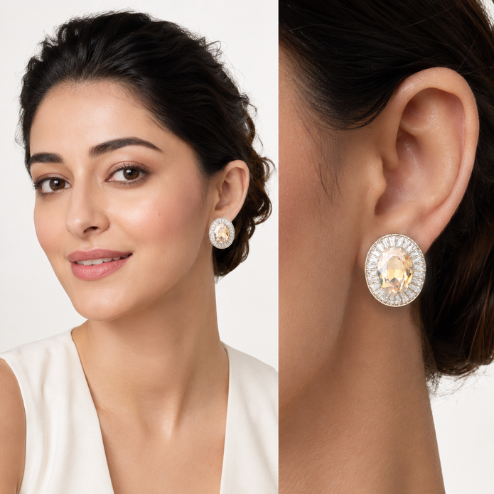 Smoky & Champagne Oval Halo Statement Stud Earrings - Citrine