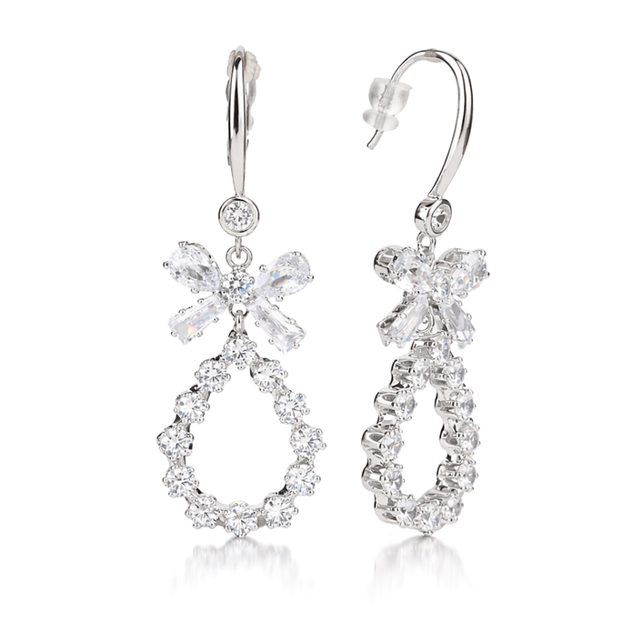Clear Crystal Bow & Teardrop Hoop Drop Earrings