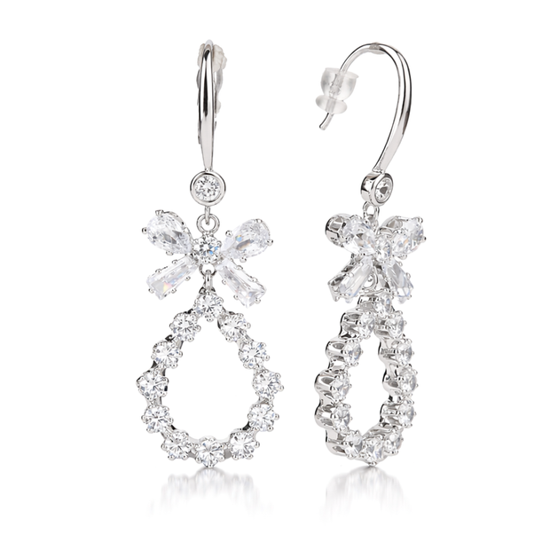 Clear Crystal Bow & Teardrop Hoop Drop Earrings