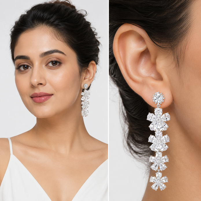 Clear Pear-Cut Floral Cascade Statement Drops