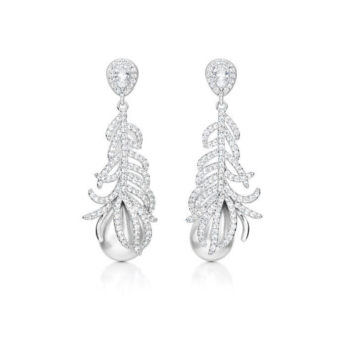 Clear Pavé Feather & Pearl Drop Earrings