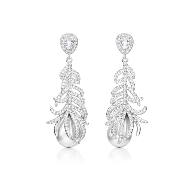 Clear Pavé Feather & Pearl Drop Earrings