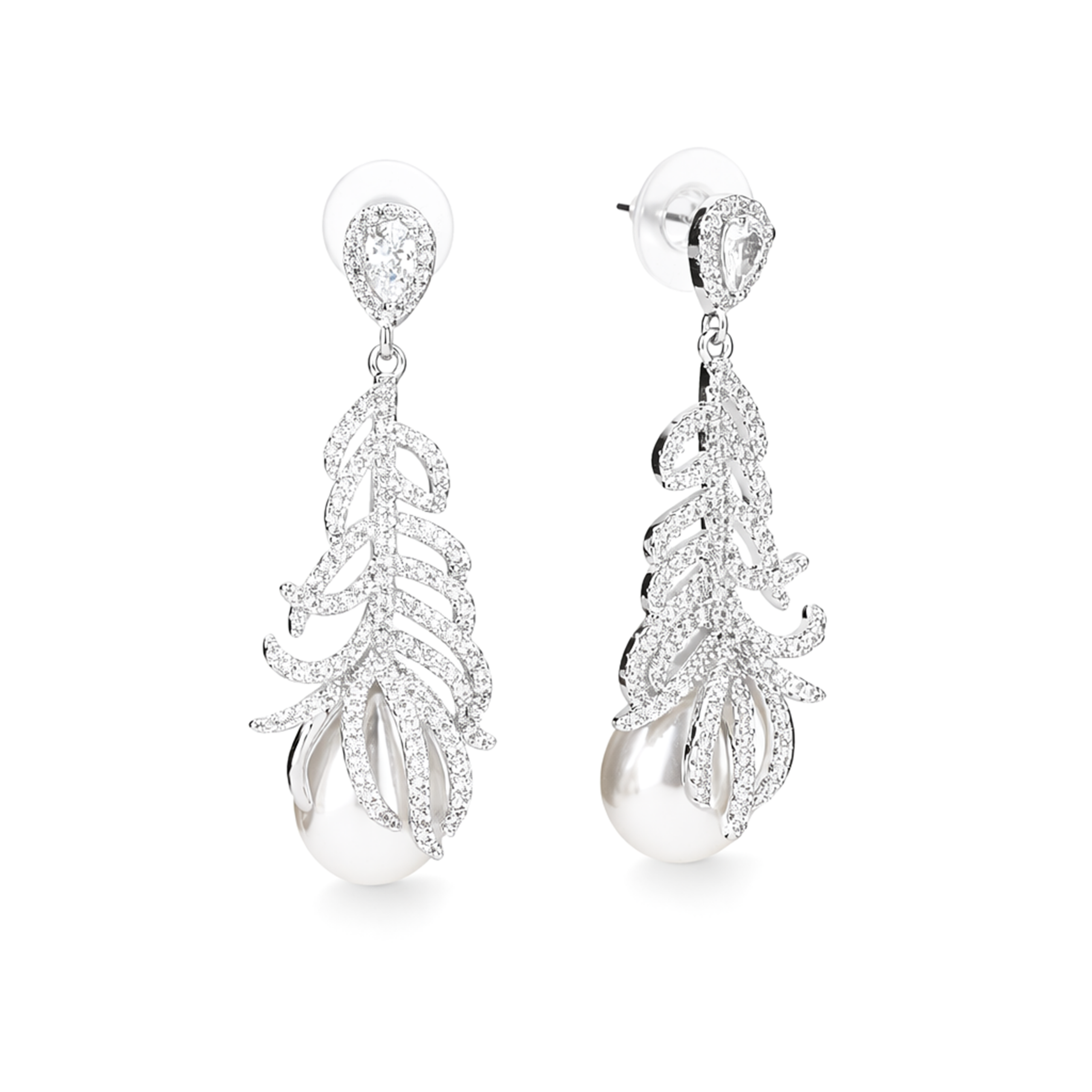 Clear Pavé Feather & Pearl Drop Earrings
