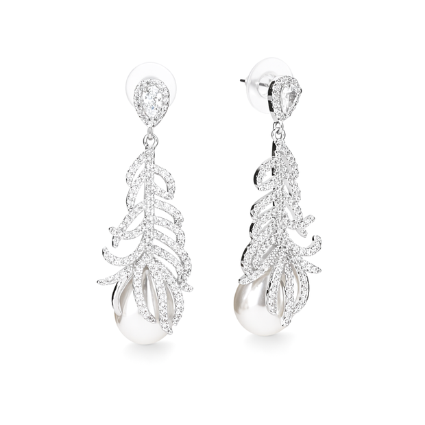 Clear Pavé Feather & Pearl Drop Earrings