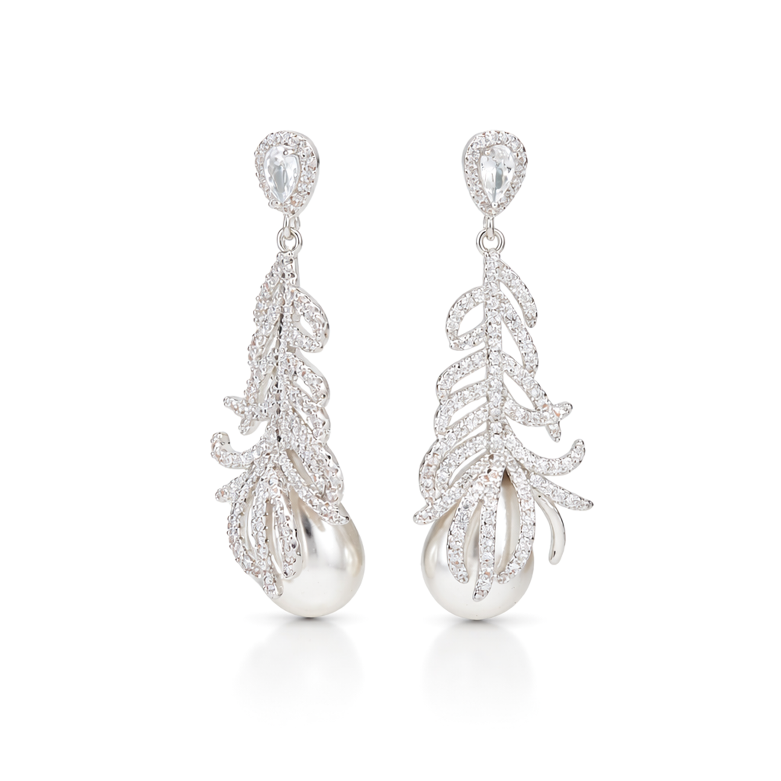 Clear Pavé Feather & Pearl Drop Earrings