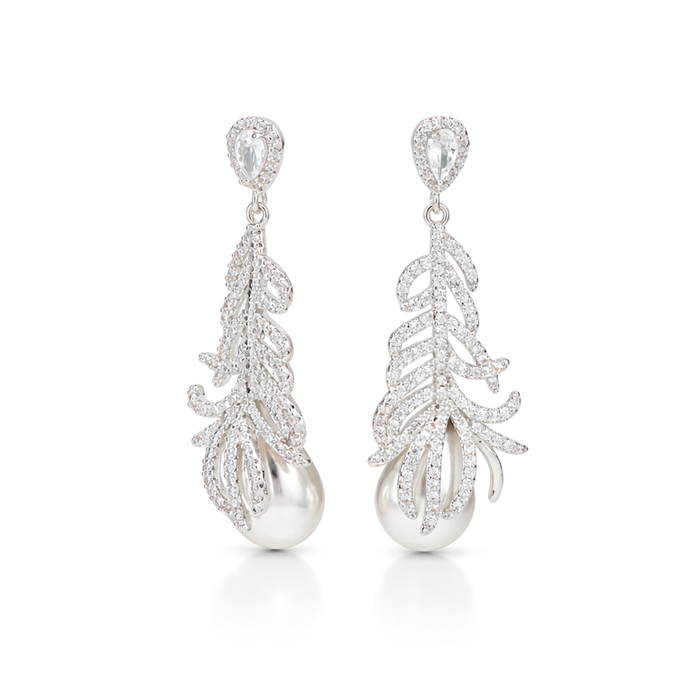 Clear Pavé Feather & Pearl Drop Earrings