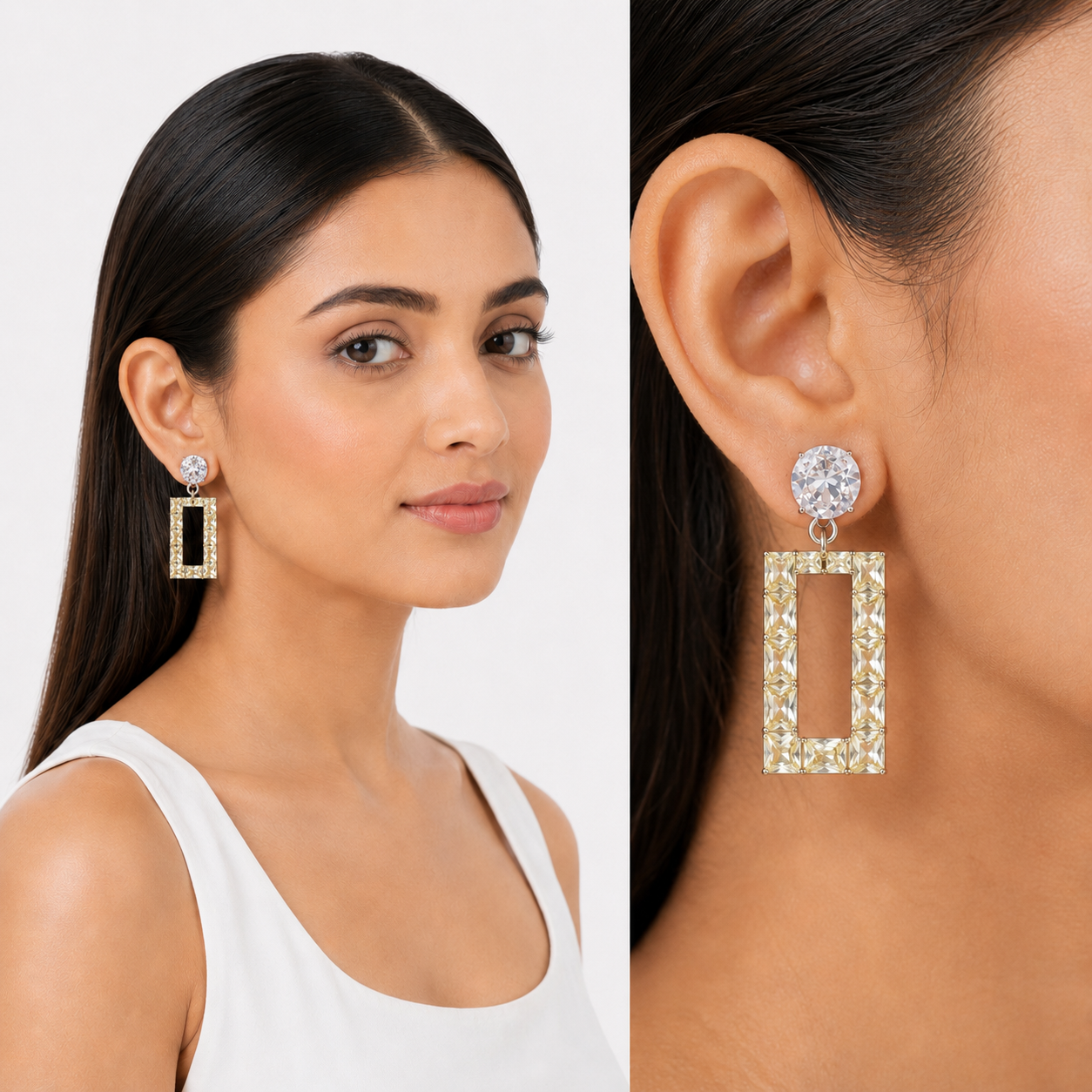 Yellow Champagne Crystal Open Rectangle Drop Earrings