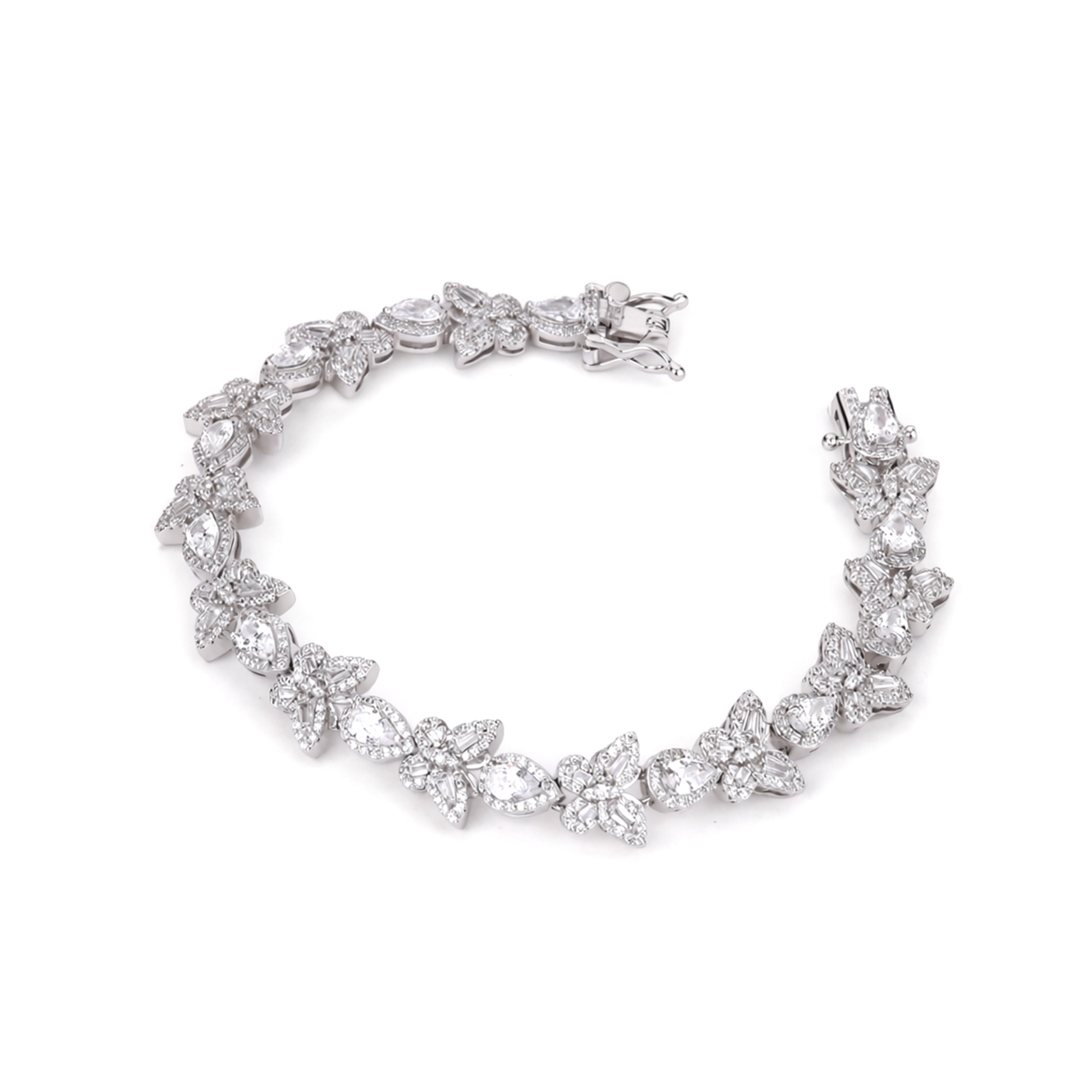 Clear CZ Floral Cluster Silver Tennis Bracelet
