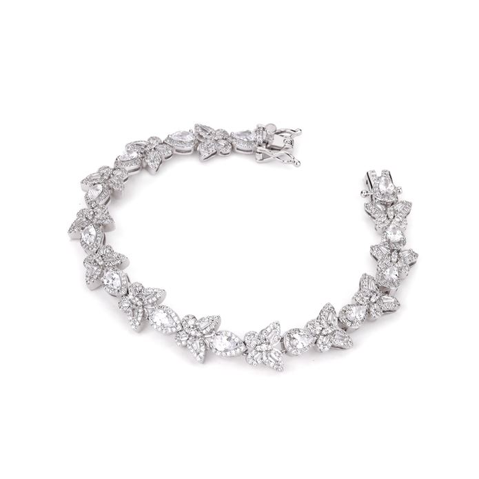 Clear CZ Floral Cluster Silver Tennis Bracelet