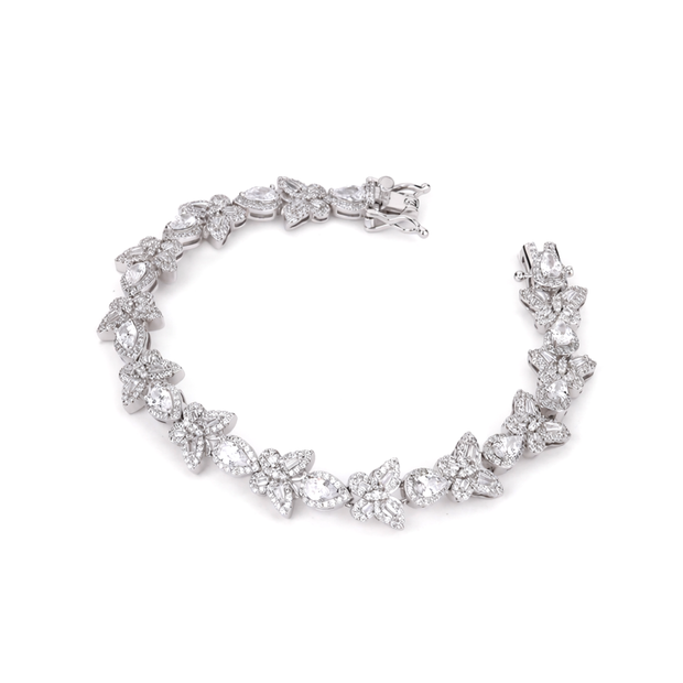 Clear CZ Floral Cluster Silver Tennis Bracelet