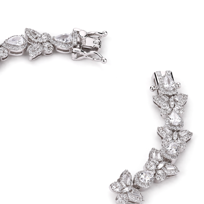 Clear CZ Floral Cluster Silver Tennis Bracelet