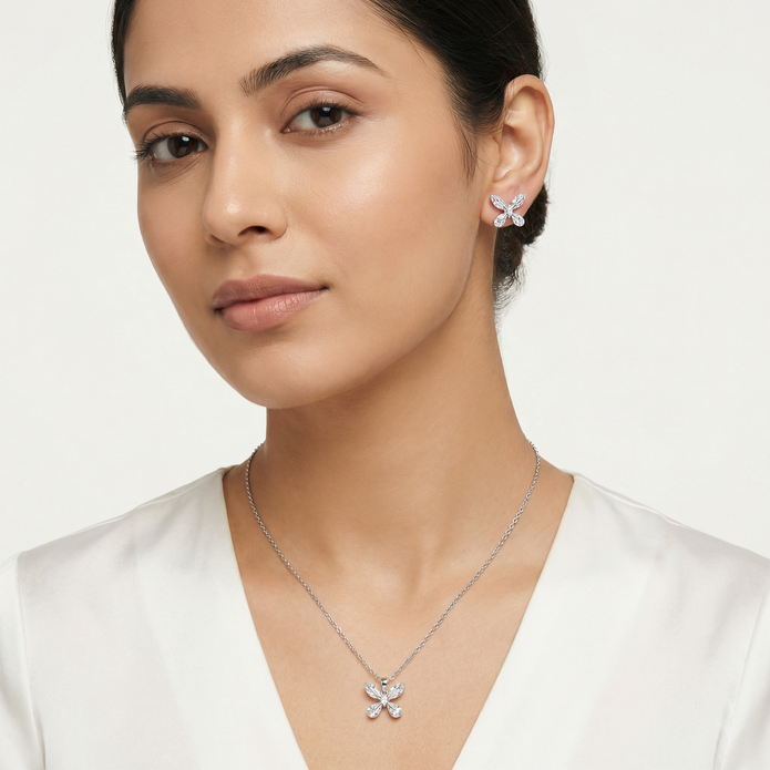 Silver Crystal Crossover Pendant Necklace Set
