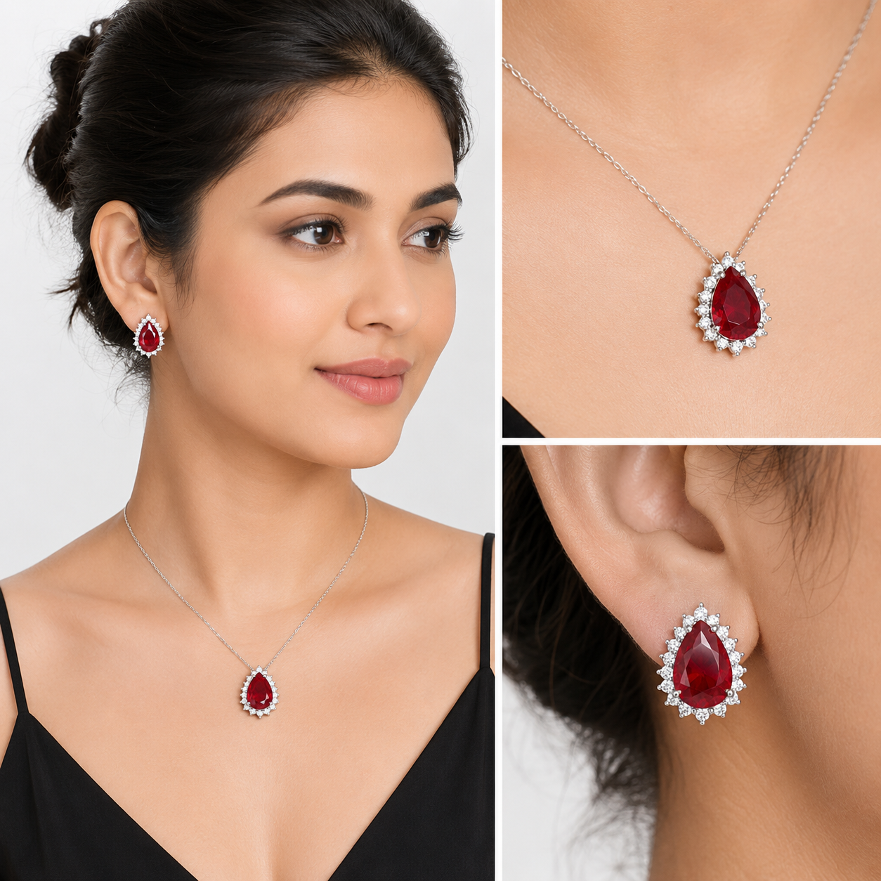 Midnight Blue Pear Studs - Ruby Pink