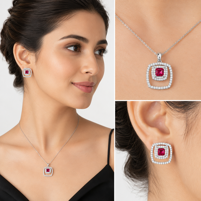 Crimson Floating Frame Studs - Ruby Pink