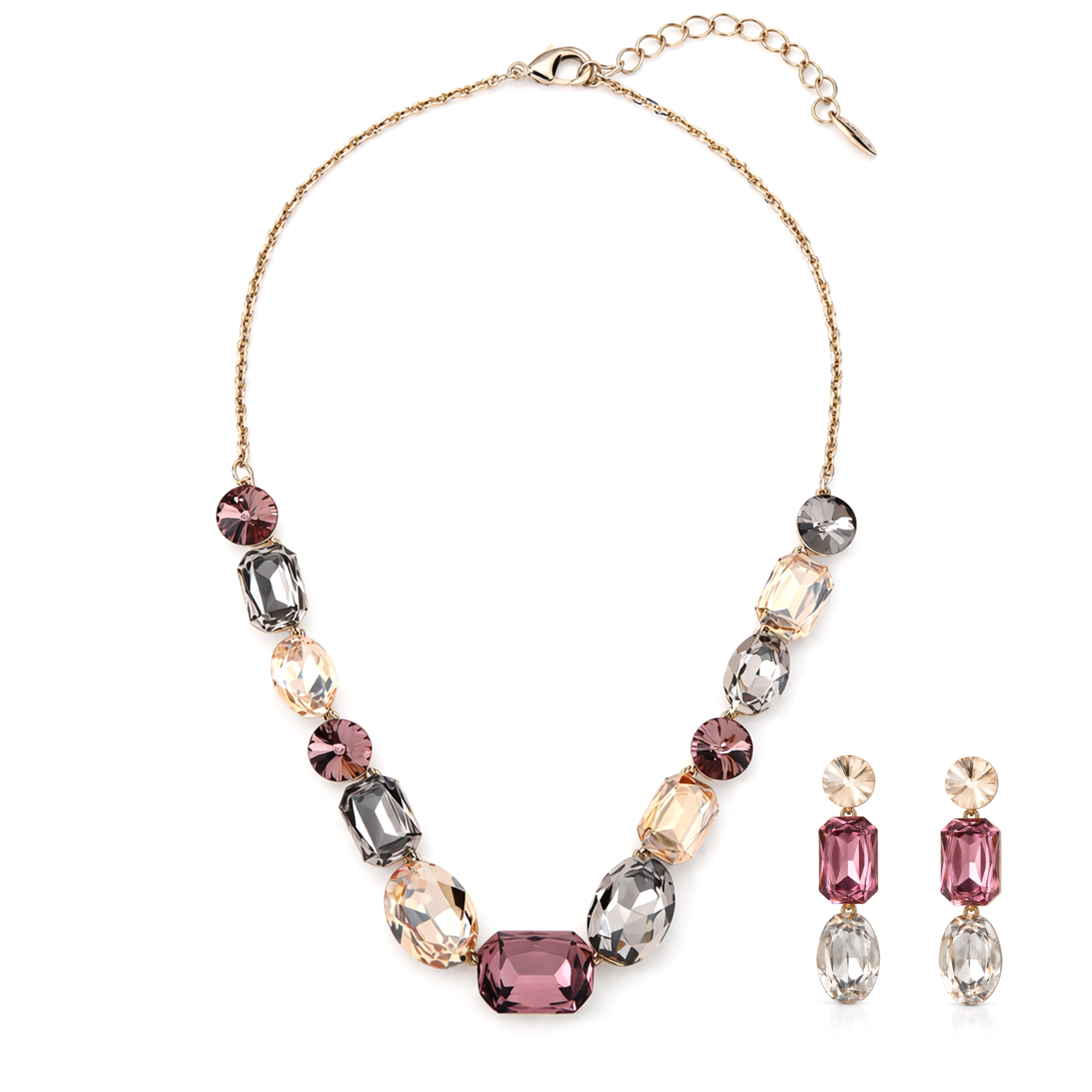Multi-Color Mixed Crystal Rose Gold Statement Necklace Set