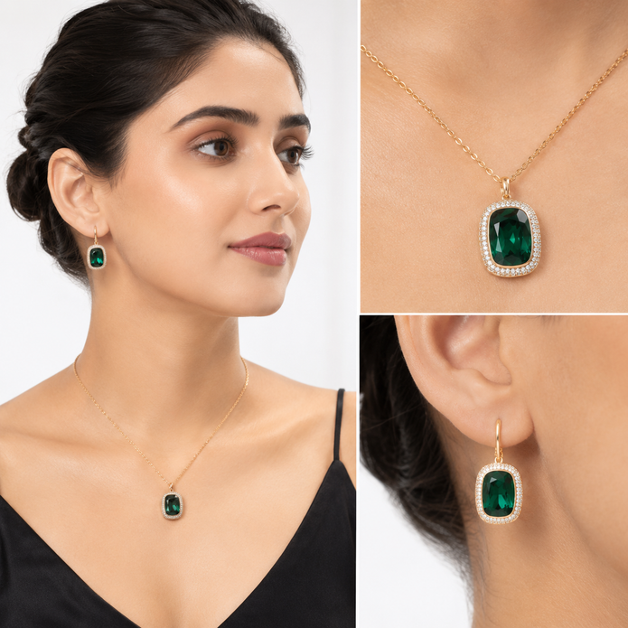 Blush Royale Cushion Pendant Set - Emerald Green