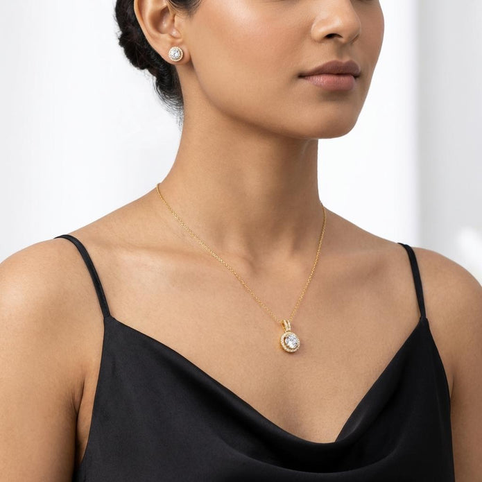 Gold-Tone Round Halo Crystal Pendant Necklace Set — Gold / Clear - Gold