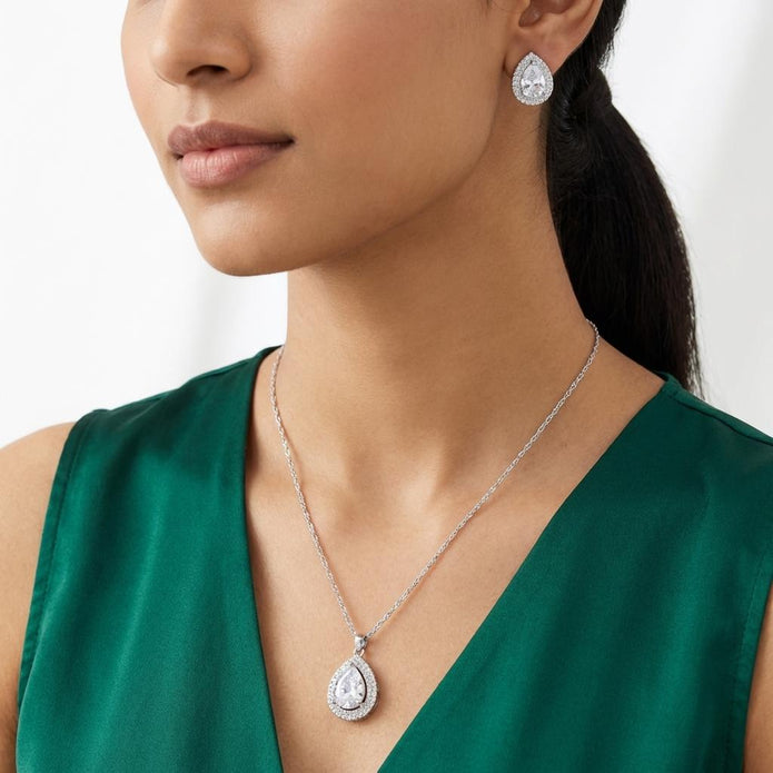 Silver Teardrop Crystal Pendant Necklace Set