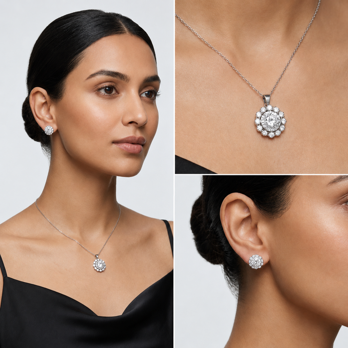 Silver Solitaire Round Crystal Pendant Set