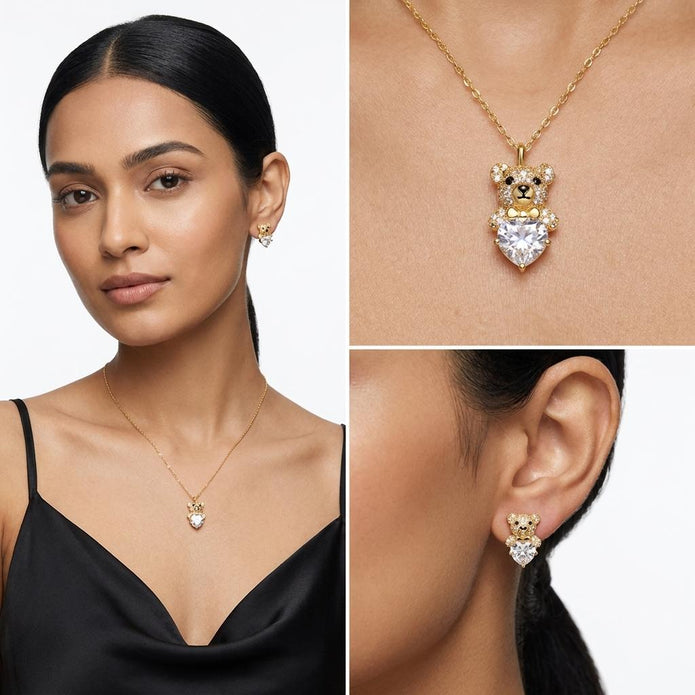 Gold-Tone Teddy Bear Charm Pendant Necklace Set — Gold / Clear - Gold