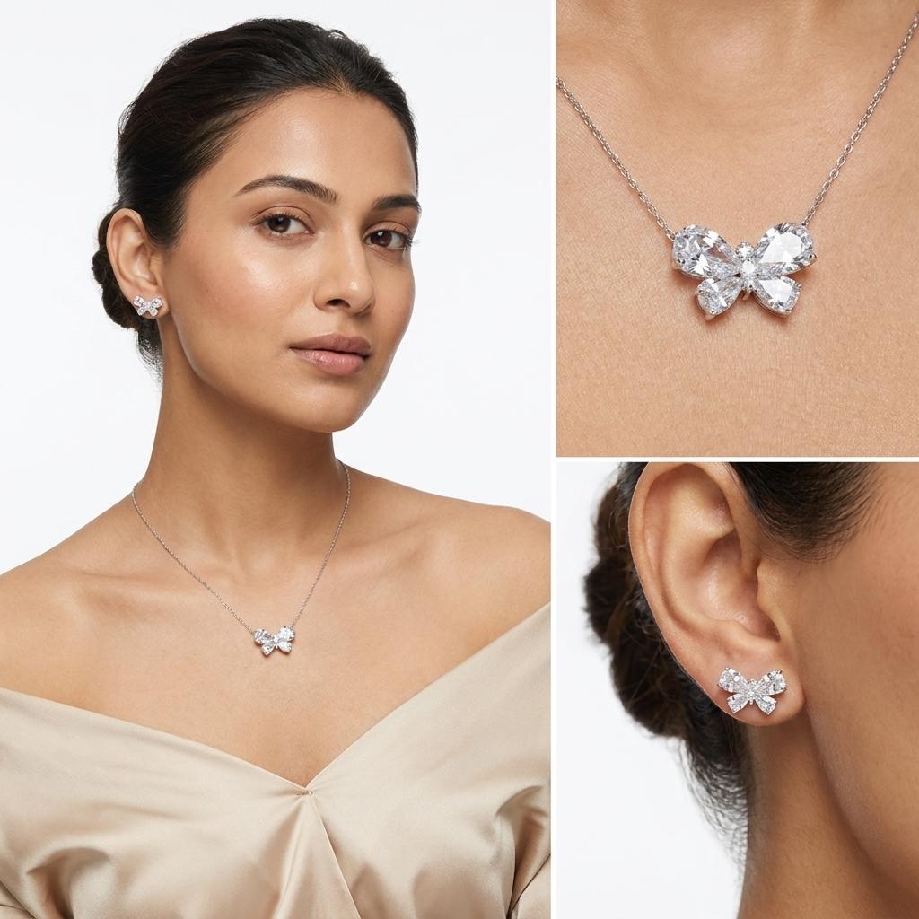 Gold-Tone Crystal Bow Pendant Necklace Set — Gold / Clear - Clear