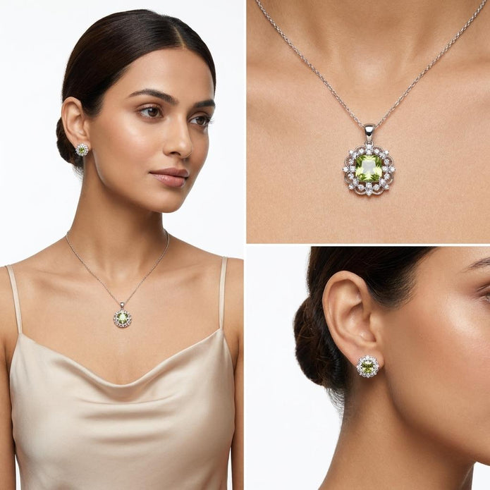 Silver Emerald Green Floral Halo Pendant Necklace Set