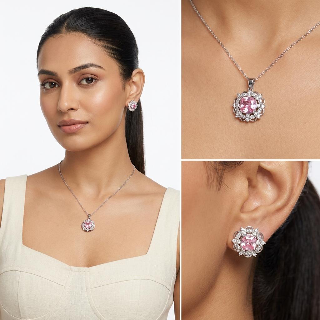 Silver Rose Pink Floral Halo Pendant Necklace Set