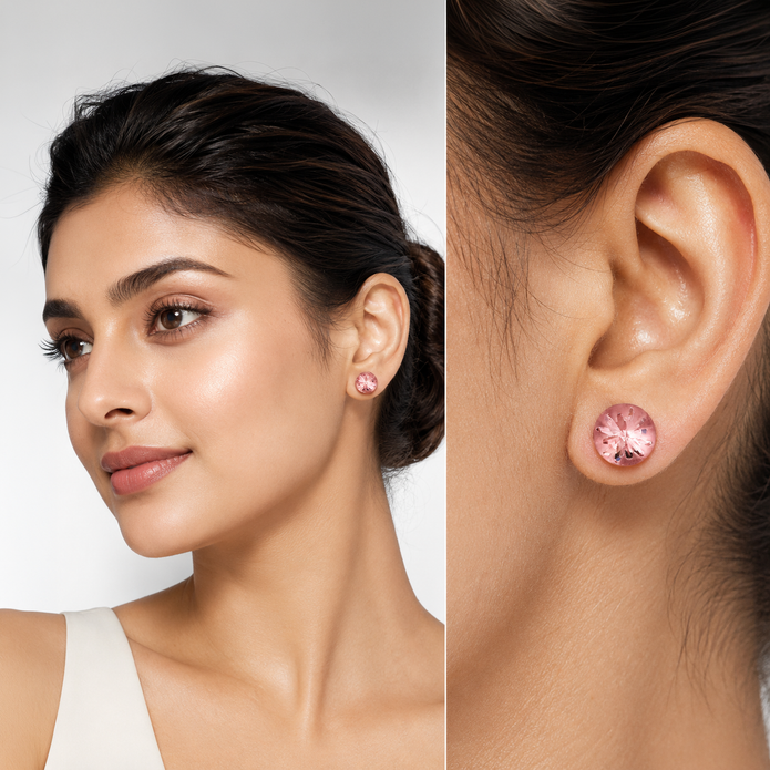 Round Brilliant Crystal Stud Earrings - Rose pink