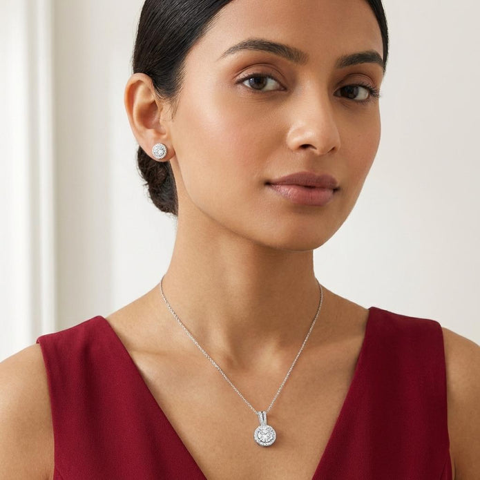 Gold-Tone Round Halo Crystal Pendant Necklace Set — Gold / Clear - Clear