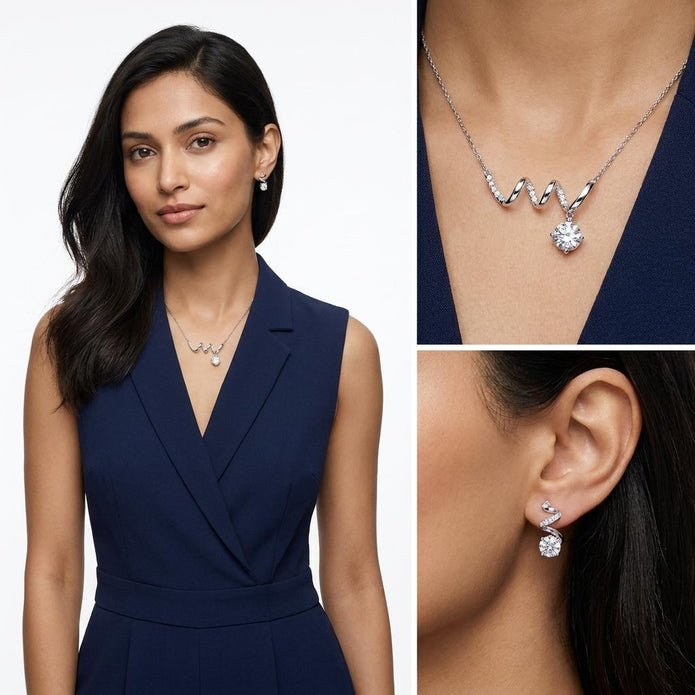 Silver Crystal Wave Pendant Necklace Set