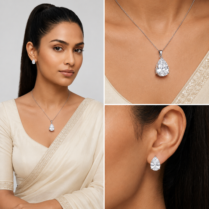 Silver Pear-Cut Crystal Halo Pendant Set