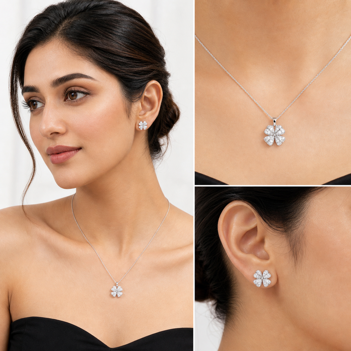 Silver Crystal Butterfly Pendant Necklace Set